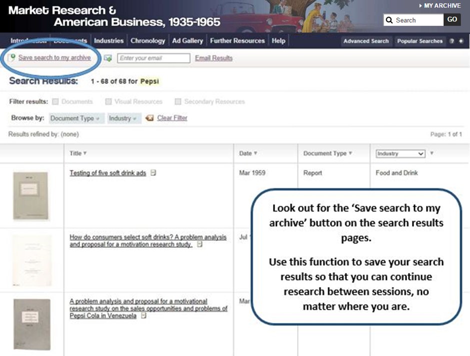 Search Results page with "Save search to my archive" link circled for emphasis.
